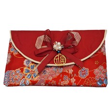 摩達客 春節開運招財 優雅精緻珍珠蝴蝶結綢緞橫式花朵流蘇藝術紅包袋錢包, 1個