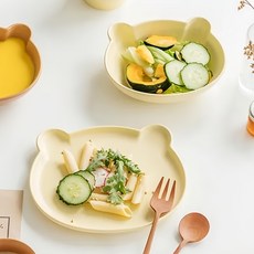 沐慕家居 第2代陶瓷小熊碗盤組 可愛造型陶瓷餐具組 兒童餐具, 碗(16.7 x 13cm x 5cm) + 盤(20.7 x 17.7 x 2cm), 奶黃色, 1組