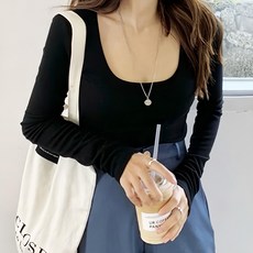 性感大U面膜長袖上衣，露胸顯瘦修身, 肩寬34cm 胸圍68cm 全長58cm 袖長59cm, 黑色