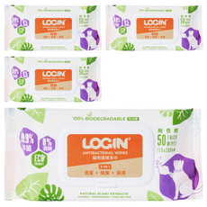 LOGIN 洛格 3合1除臭抑菌護理濕巾 貓用, 50張, 100%可生物降解, 無香精, 4包