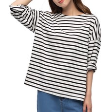 CARET 女款寬鬆長袖T恤，簡約條紋設計, Free Size, 黑色