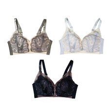 香草甜心 清新蕾絲萊卡無痕無鋼圈哺乳內衣3件組-彈力親膚/質感花邊/前開扣設計, 40, 復古綠 + 綿羊灰 + 經典黑