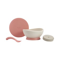 FLYTTA 幼兒吸盤式學習餐碗組合 400ml 適用年齡6個月以上, 碗 + 碗蓋 + 湯匙 + 無痕碗墊, 杏桃奶油粉, 1組