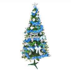 摩達客 特仕幸福型裝飾綠色聖誕樹 冰雪銀藍系飾品配件 100燈LED燈 USB充電式 藍白光, 180cm