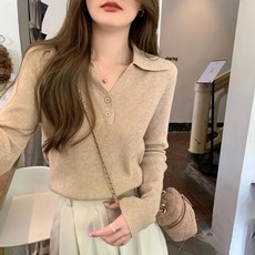 翻領小V領鈕扣長袖打底衫, 均碼, 駝色