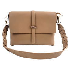 編織寬肩帶女士肩背包 二層牛皮 滌綸布內襯, 長 23.5 x 高 18.5 x 厚 8.8cm, 棕色