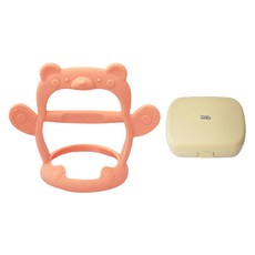 tgm 小熊手握型固齒器 + 收納盒 Set, 矽膠材質，幫助改善寶寶長牙不適, 小熊款固齒器 + 收納盒, 固齒器 淡橘色 + 收納盒 象牙白, 1組