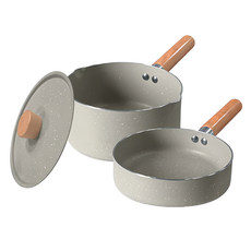 FUJI-GRACE 富士雅麗 電磁爐適用 16cm獨享雙層不沾牛奶鍋 + 平底鍋組，灰白色，包含牛奶鍋、平底鍋與鍋蓋, 1組, 牛奶鍋 + 平底鍋 + 鍋蓋
