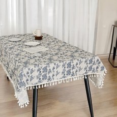 玫瑰復古桌布 160 x 120cm 流蘇 1條, 流蘇 白色 + 藍色