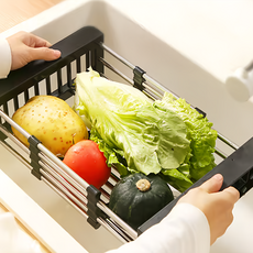 不鏽鋼可伸縮廚房瀝水置物架, 伸縮27.5-46.3cm, 不易滑動, 黑色, 1組