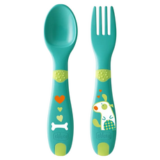 Chicco 幼兒學習叉匙組, 12個月以上適用, 人體工學防滑握把, Spoon, Fork, Aqua, 1組