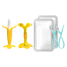 Ange 香蕉造型 + 嘴唇訓練 矽膠固齒器套組, 香蕉 + 黃色花朵 + 矽膠鍊夾(款式隨機) + 收納盒, 8807030101255, 1組