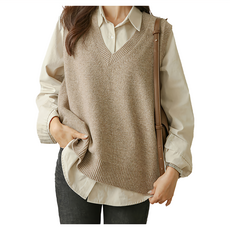 V領開岔素色外搭針織毛衣背心 深灰/黑/咖/淺卡其, 均碼