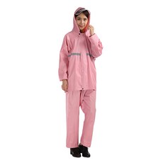 成人兩件式雨衣, 牛津布+PVC膠, 上衣+褲子, 防風袖, 車縫封膠防水, 反光條設計, 莫蘭迪粉, XL