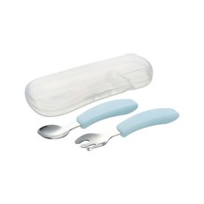 Richell 利其爾 TLI 不鏽鋼匙叉組, 附收納盒, 好握手把設計, 不易滑落, 藍色, 湯匙1入 + 叉子1入 + 收納盒1入, 1組