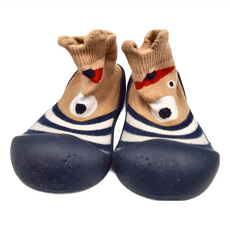 寶寶款膠底學步鞋 深藍條熊 針織棉鞋面 防滑膠底, 18-19