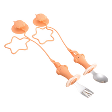 兒童吸盤餐具組 學習餐具 橘色, 1組, 不鏽鋼湯匙 + 不鏽鋼叉子 + 吸盤 2個 + 防掉練 2條 + 收納盒