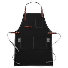 帆布配牛皮防水工作圍裙 洗水帆布 二層牛皮 3個口袋設計, 黑色 + 棕色, 1件