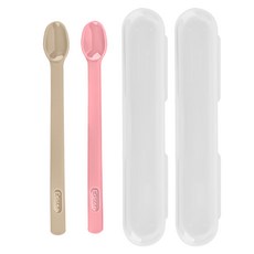 Edison 愛迪生 矽膠副食品湯匙組 第一階段(4-7個月內適用) 米色 1入 + 粉色 1入 + 收納盒 2入 1組, 米色+粉色