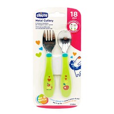 Chicco 不鏽鋼幼兒叉匙組, 18個月以上適用，不含雙酚A, 叉子 + 湯匙, 自然率性, 1組