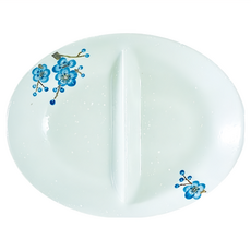 新食器 蘭梅花香手繪9.5吋雙格餐盤 白色藍花 優雅手繪餐盤, 1個