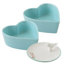 JUST HOME 田園時光陶瓷愛心餐盤3件組 (愛心深盤+鳥語多用盤) 1組 藍色 + 白色, 愛心深盤2個 + 多用盤1個