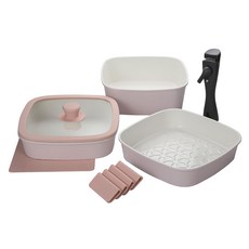 SILWA 西華 cookie陶瓷方形鍋6件組, 1組, 粉白色, 平底鍋 + 深煎鍋 + 湯鍋 + 玻璃蓋 + 矽膠鍋蓋頭 + 可拆式手柄