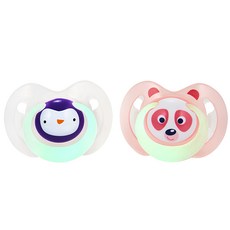 Nuby 動物圖案夜光安撫奶嘴2入組, 0~6個月, 企鵝款 + 熊貓款, 1組