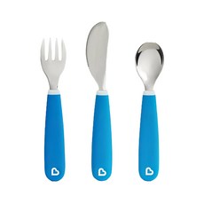 Munchkin 滿趣健 兒童不鏽鋼餐具三件組-藍/綠/粉/紫, 304不鏽鋼材質,不含BPA, 叉子 + 刀子 + 湯匙, 藍色, 1組