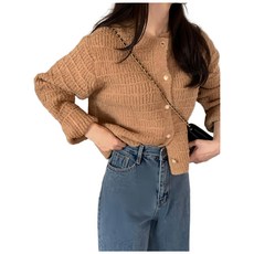 復古小香風圓領針織外套 - 卡其, 肩寬37cm 胸寬45cm 袖長50cm 全長49cm