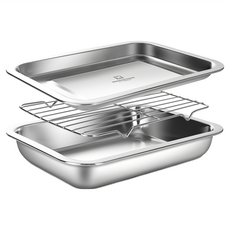 WAGENSTEIGER 不鏽鋼方形瀝油架組, 2號(淺盤 + 瀝油架 + 深盤), Silver, 1組