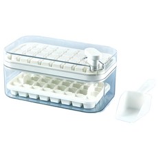 64格按壓式冰塊盒, 上層製冰下層儲冰，一鍵出冰，密封蓋設計，食品級材質，帶冰鏟, 23.8 x 13.5 x 10.9cm, 百合白, 1個