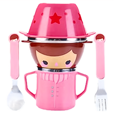 baby mambo 蔓葆 兒童餐具 MY BEST FRIENDS 系列 304不鏽鋼 五件組, 碗 x 2 + 水杯 + 湯匙 + 叉子, 粉紅姍迪, 1組