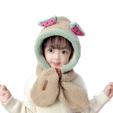 JAR嚴選 兒童款毛絨全罩式圍巾一體護耳保暖帽 水果款, 西瓜咖, F