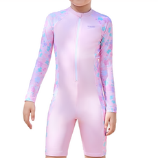 Speedo 女孩 一件式長袖防曬裝 Splash & Learn 粉/碎花, 9~10