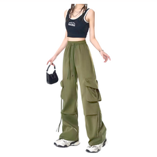 女款美式復古鬆緊直筒闊腿工裝褲 - HL4097, 腰寬27 x 臀寬50 x 大腿寬30 x 褲腳寬24 x 全長101cm, 綠