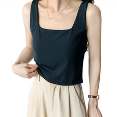 冰絲寬肩方領背心 Set 2件, 內墊不可拆, 彈性佳, 棉+聚酯纖維, 均碼, 深藍