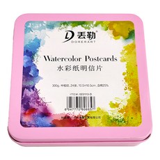 DORERART 丟勒 方形水彩紙明信片 300g 中粗紋 24張入 10.5*10.5cm, 粉色鐵盒款, 1盒