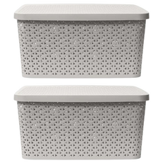 北歐編織系列收納籃 附蓋組 長方高 象牙白, M(39.4 x 29.3 x 19.1cm), 2個