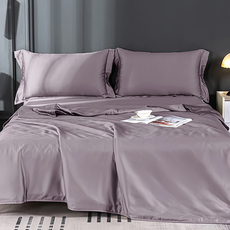 TENCEL 60支100%純天絲簡約素色床包枕套組, 床包152 x 188cm + 枕套2個47 x 75cm, 灰紫色, 床墊套 + 枕套組