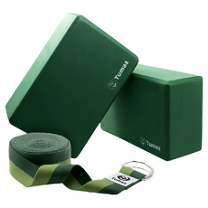 Tumaz 月熊 EVA 瑜珈磚繩組，硬度50D，止滑減震，輕便耐用, 瑜珈磚22.5 x 14.5 x 7.5cm + 瑜珈繩300cm, 經典綠, 1組