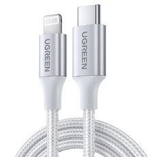 UGREEN 綠聯 MFi蘋果官方認證 USB-C-Lightning iPhone快充充電線 金屬編織版, 1m, 極光銀, 1條