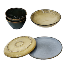 JUST HOME 沐悠陶瓷碗盤 5件組, 2個碗 + 2個平盤 + 缽, 黑色 + 卡其色 + 淺藍色, 1組