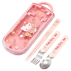 Skater 銀離子兒童餐具三件組, 湯匙 + 叉子 + 筷子 + 收納盒, Hello Kitty, 1組