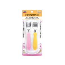 EDISON mama 嬰幼兒學習餐具組 附收納盒 1.5歲以上, 叉子+湯匙, 粉色+黃色, 1組