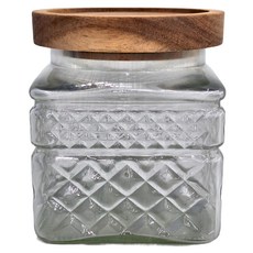 Homely Zakka 木蓋浮雕玻璃密封罐/儲物罐/廚房收納罐，方形/圓形, 1個, 400ml