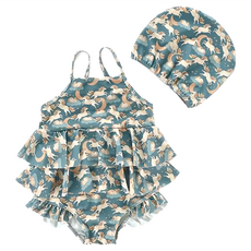 愛北鼻 INS 女童泳衣 吊帶連體泳衣 + 泳帽