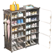 多功能側開式2列6層鞋櫃 + 頂部置物架 內隔2層, 黑色, 1個