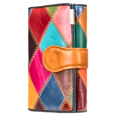 LIKEHOUSE 真皮頭層漆面牛皮拼接皮夾女夾 - 11卡位, 中夾, 漆皮菱形