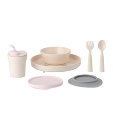 Miniware 微兒 天然聚乳酸小食客六入組 - 寶寶餐具組, 麥片碗 + 矽膠碗蓋 + 麵包盤 + 防滑吸盤 + 愛喝水水杯組 + My First叉匙組, 香草棉花糖, 1組